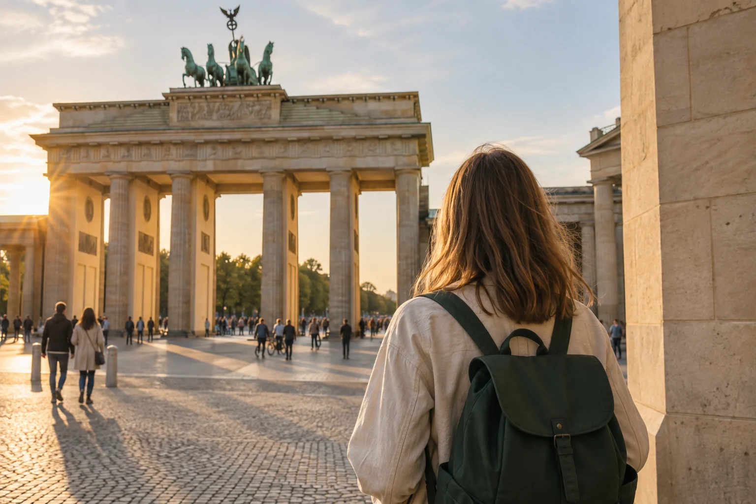 A newcomer with a backpack arriving at Brandenburg Gate in Berlin
