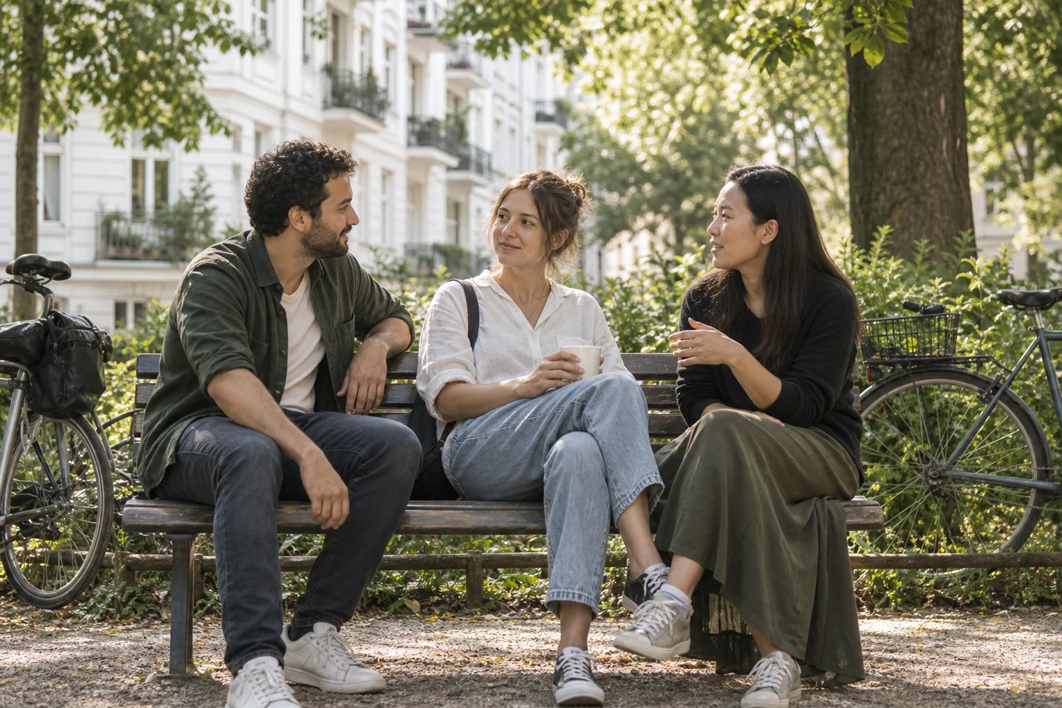 Illustration of neighbours talking together in a leafy neighbourhood