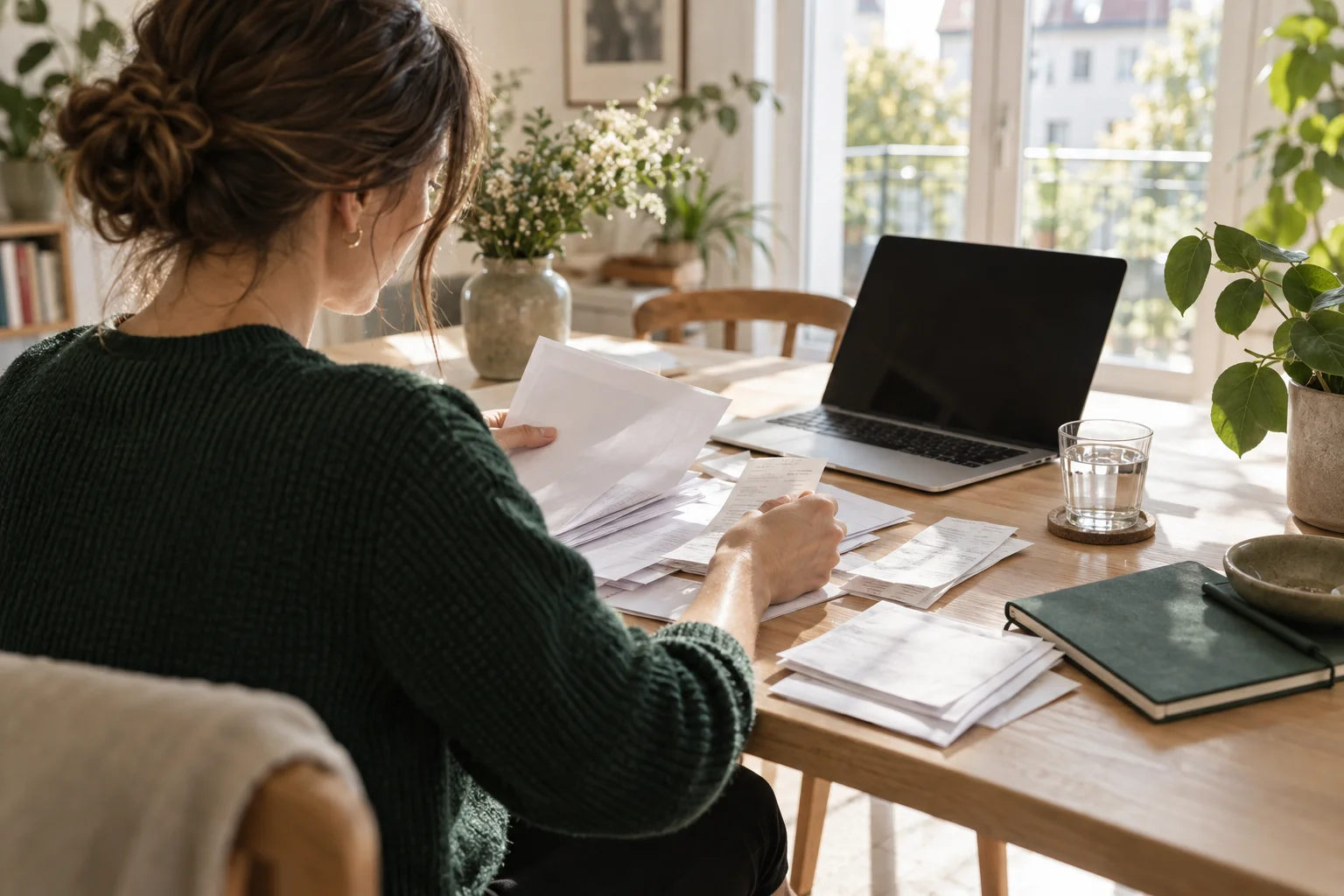 Illustration of a professional organising paperwork at home