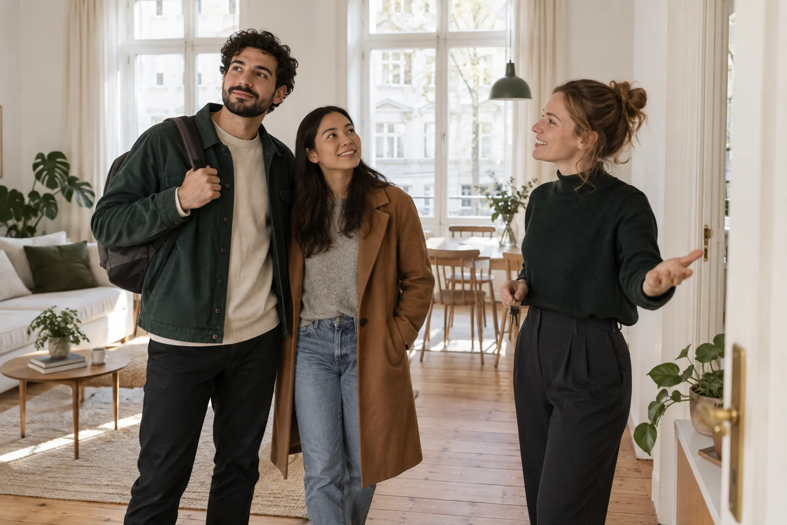 Illustration of newcomers viewing a bright apartment