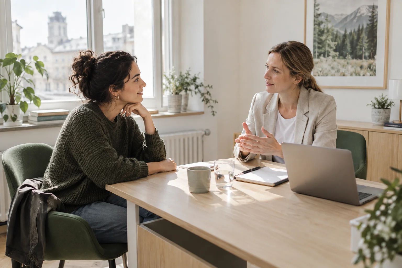Illustration of a newcomer discussing healthcare with an adviser